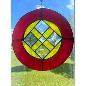 Antique Arts & Crafts Era Round Leaded Beveled Stain Glass Panel